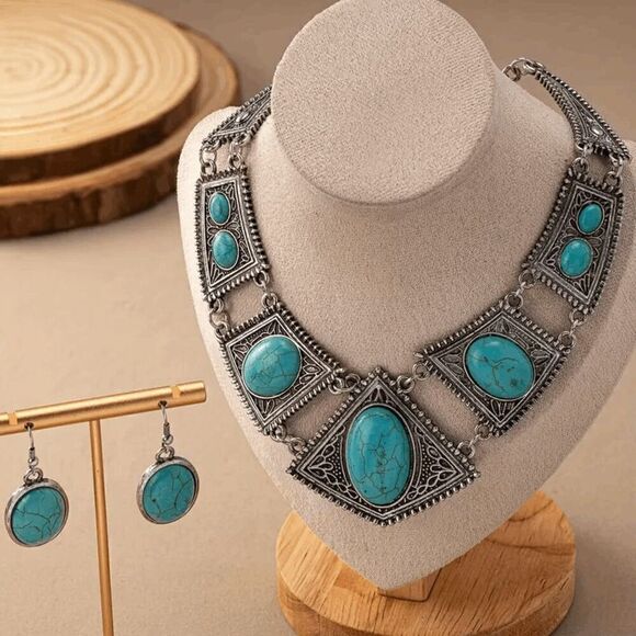 Western Boho Turquoise Silver Necklace and Earring Set - Picture 2 of 5
